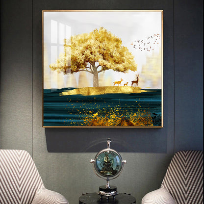 Golden Tree and Deer Glass Finish Square Wall Art