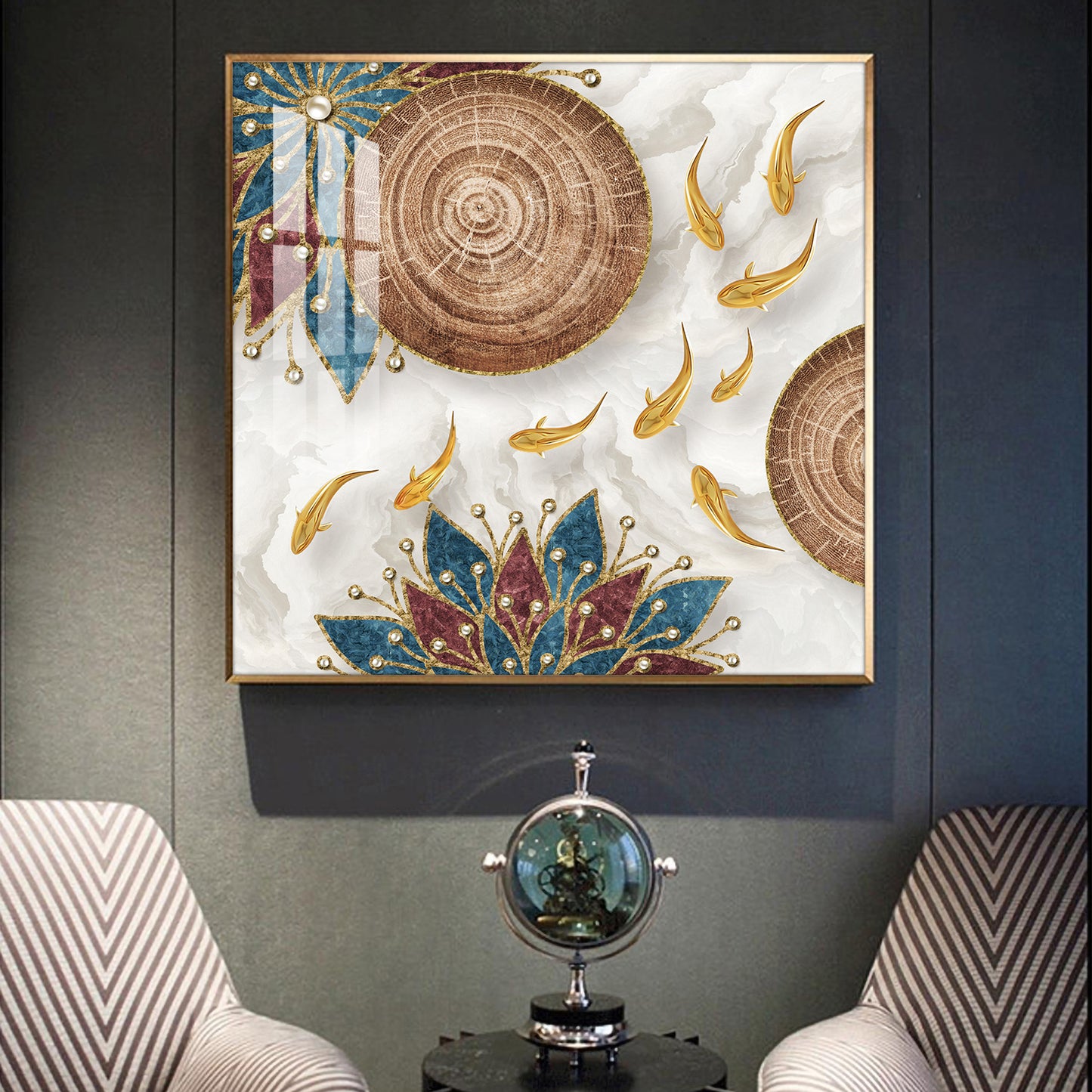 Ivory and Gold Fish Harmony Glass Finish Square Wall Art