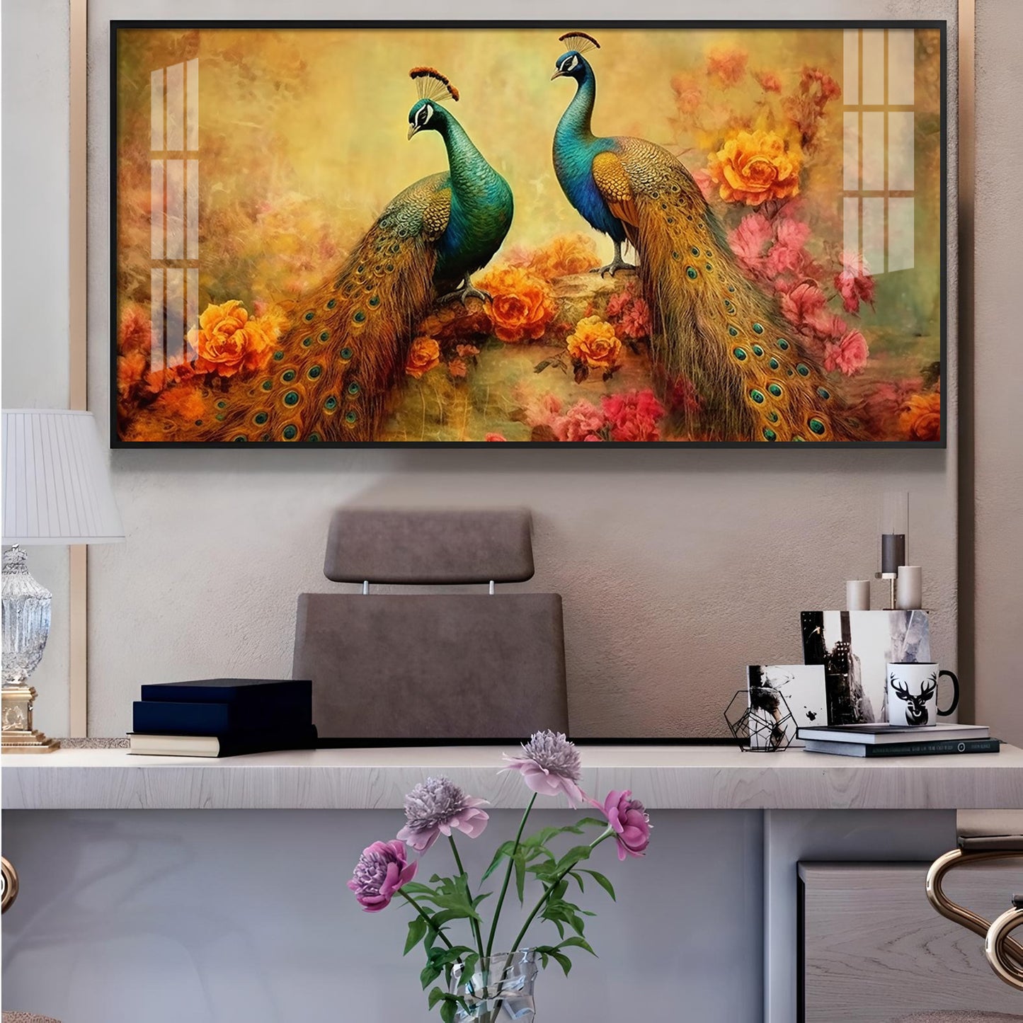 Two Peacock With Flower Background Glass Finish Horizontal Wall Art