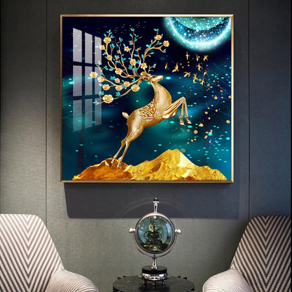 Golden Antlered Beauty Glass Finish Square Wall Art