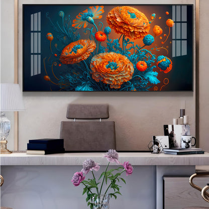 Blooming MariGold Flower Glass Finish Horizontal Wall Art