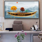 Golden Abstract Landscape Art Colored Line Tree Glass Finish Horizontal Wall Art