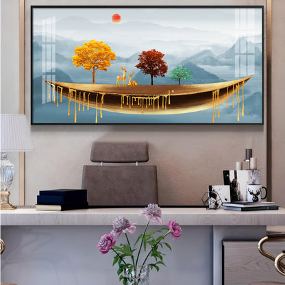 Golden Abstract Landscape Art Colored Line Tree Glass Finish Horizontal Wall Art