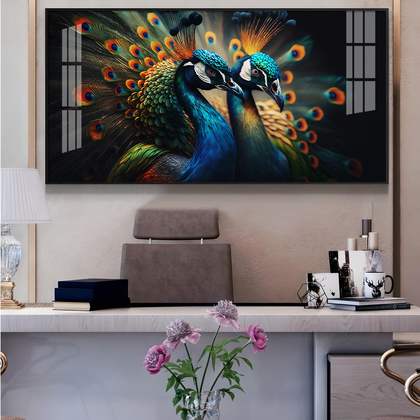 Peacock Duo Glass Finish Horizontal Wall Art