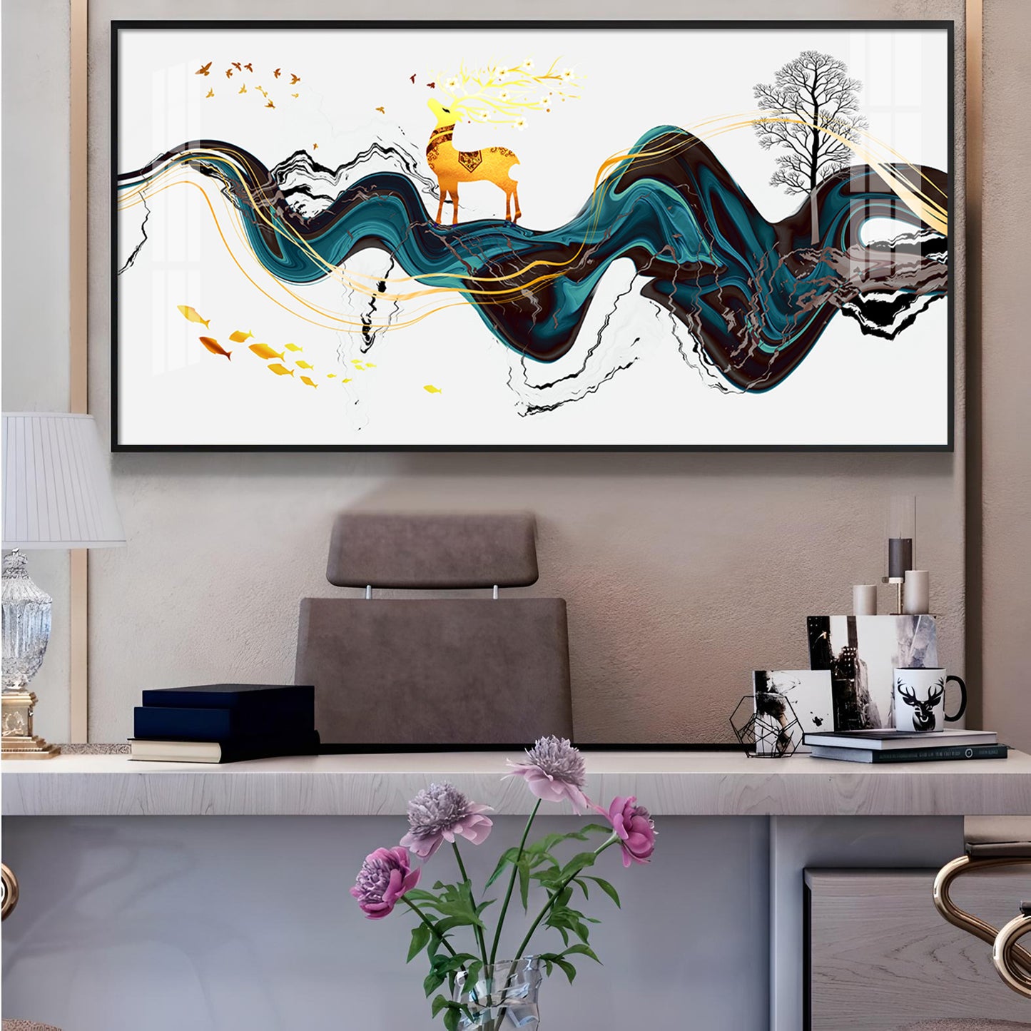 Golden Deer With Multi Color Floating Glass Finish Horizontal Wall Art