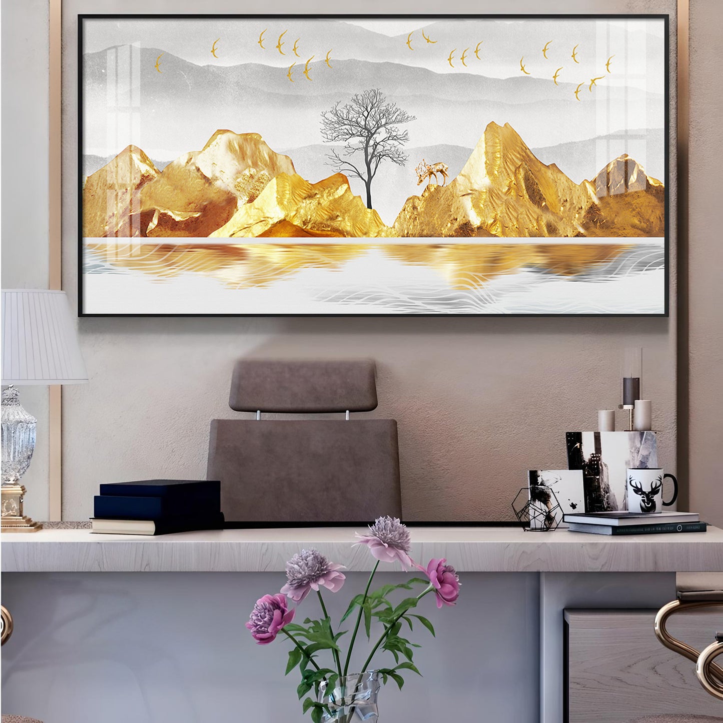 Golden Mountains And Birds Glass Finish Horizontal Wall Art