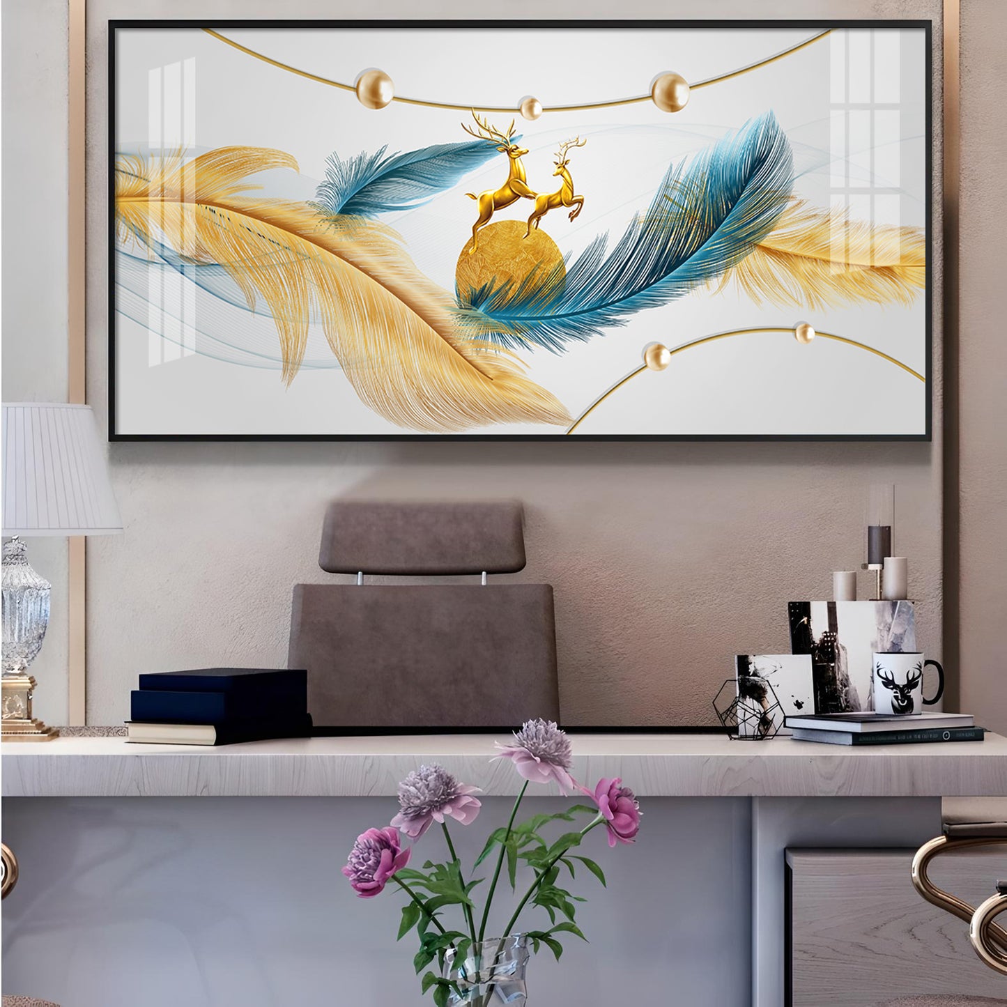 Golden Blue Feathers Glass Finish Horizontal Wall Art