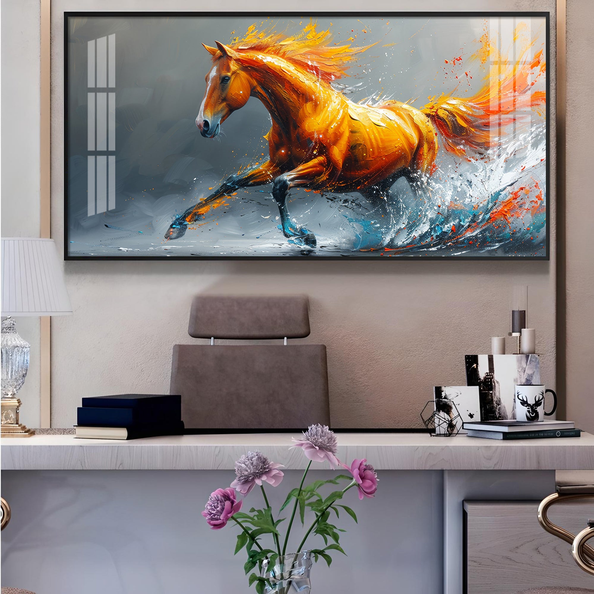 One Running Horse Glass Finish Horizontal Wall Art