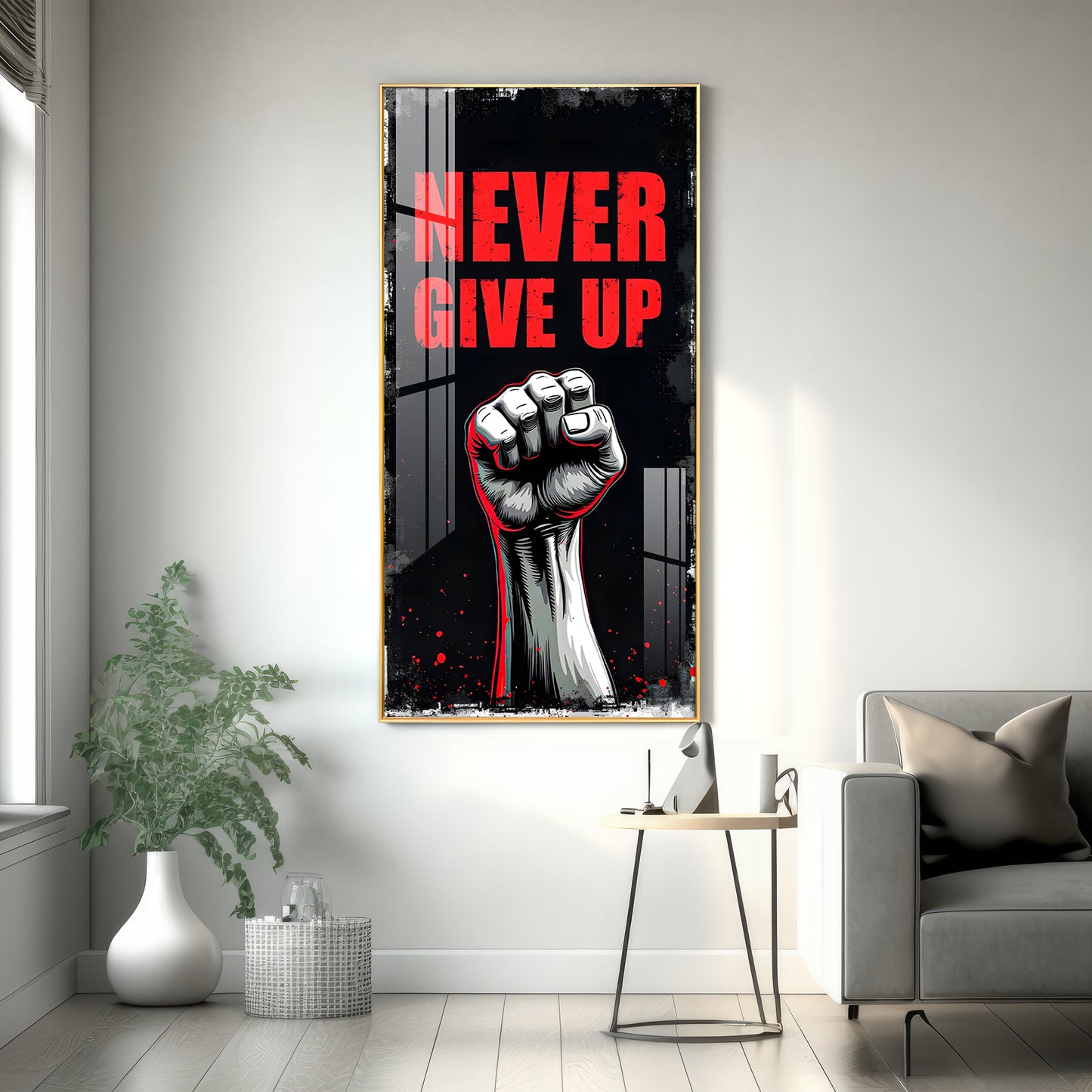 Never Give Up Glass Finish Vertical Wall Art