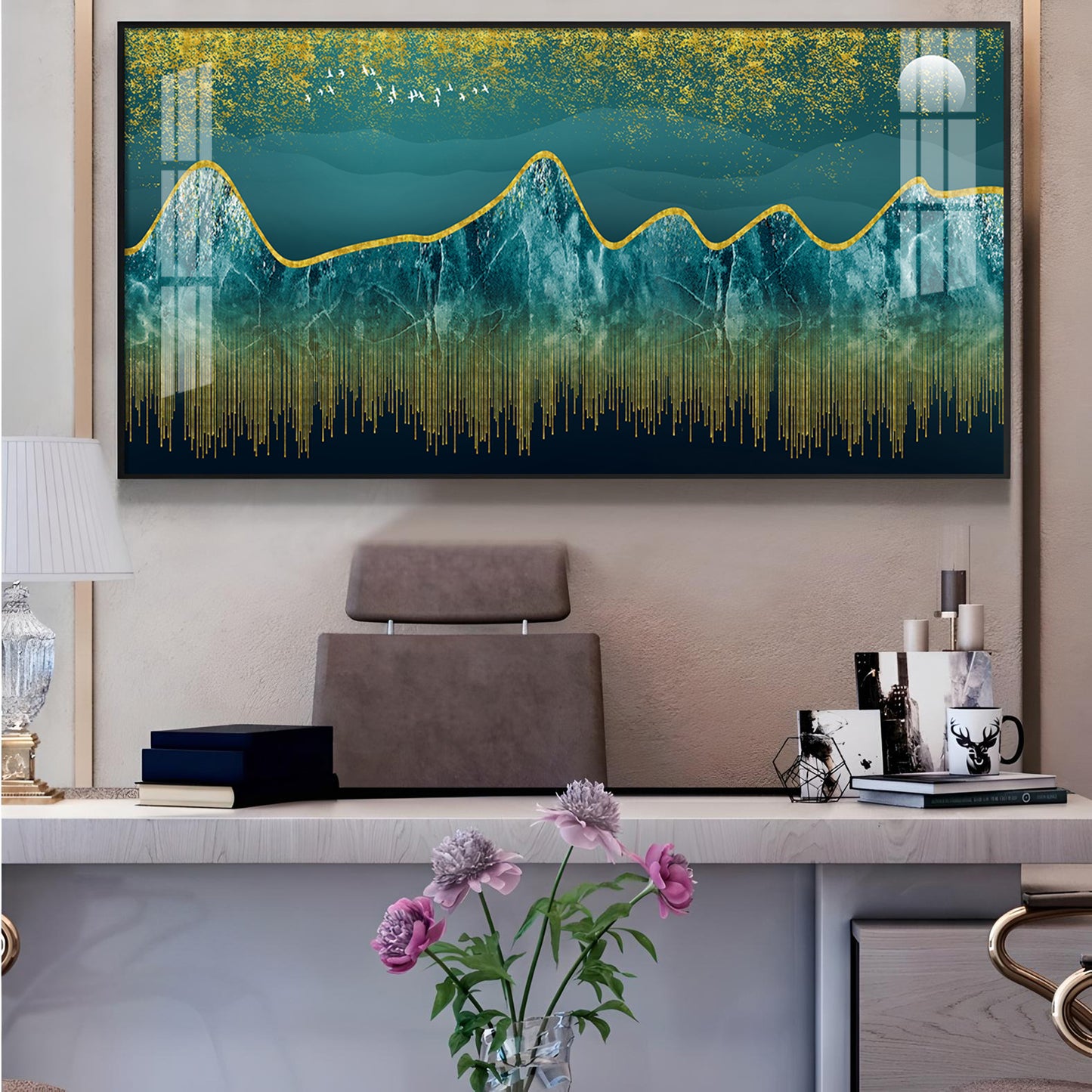 Dark Turquoise Mountains Glass Finish Horizontal Wall Art