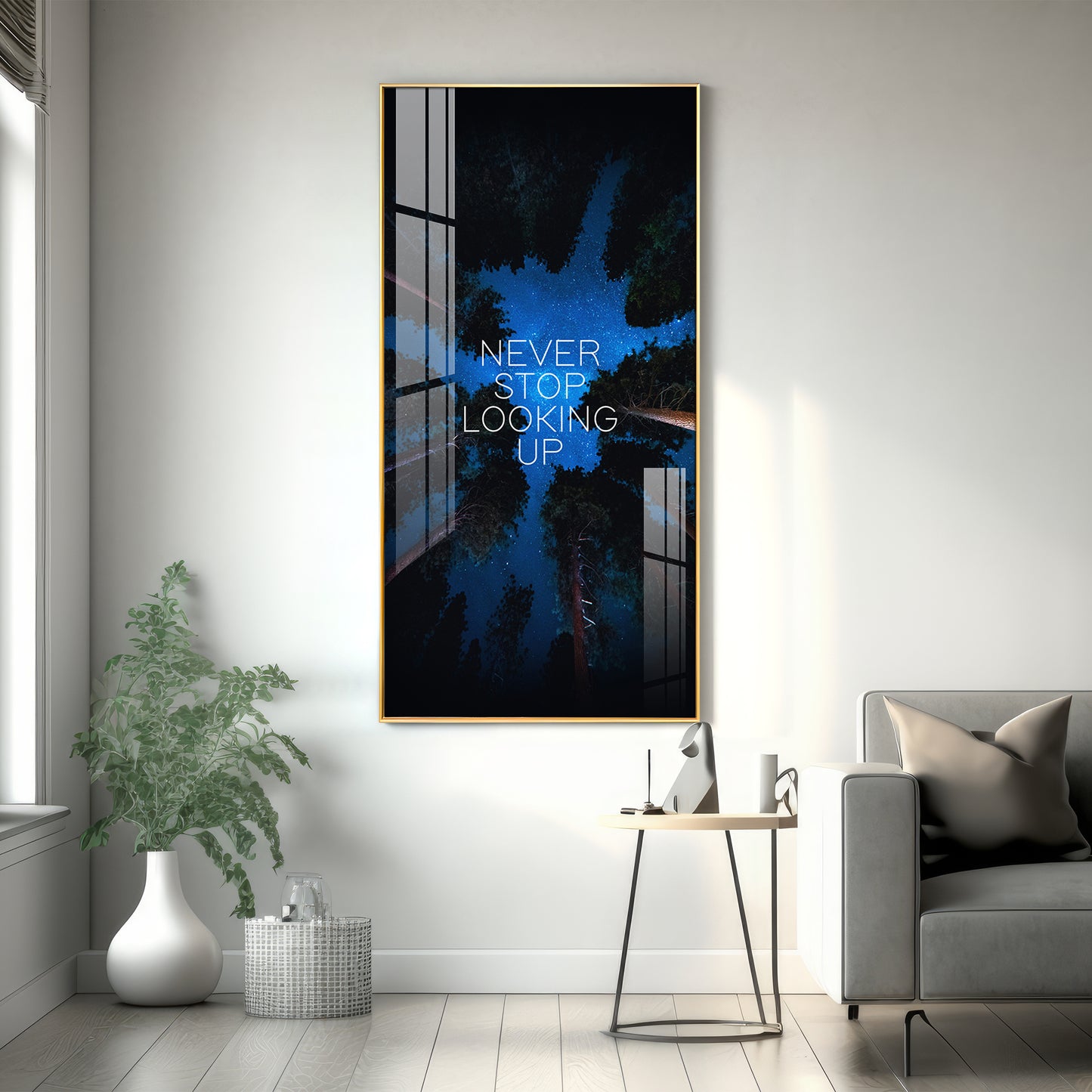 Never Stop Looking Up Motivational Glass Finish Vertical Wall Art