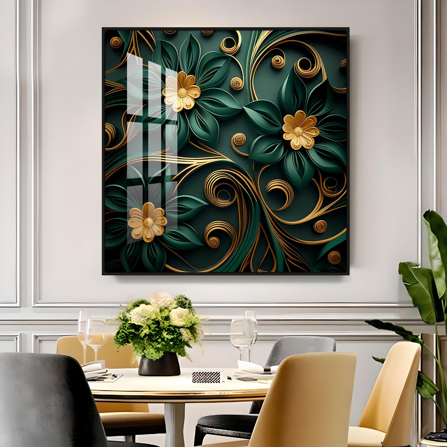 Emerald Garden Flower Glass Finish Square Wall Art
