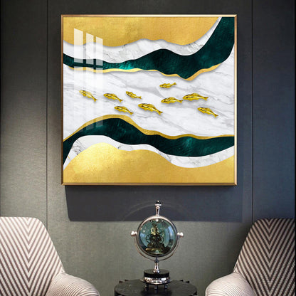 Golden Abstraction Of Fishes Glass Finish Square Wall Art