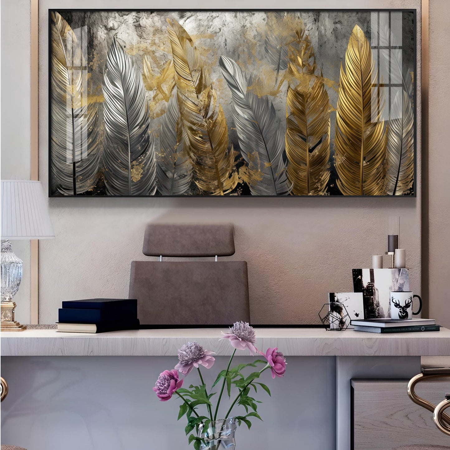 Golden And Silver Feather Glass Finish Horizontal Wall Art