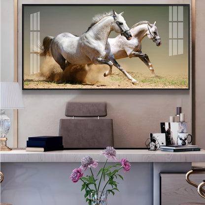 Satin Matt Running Horses Glass Finish Horizontal Wall Art