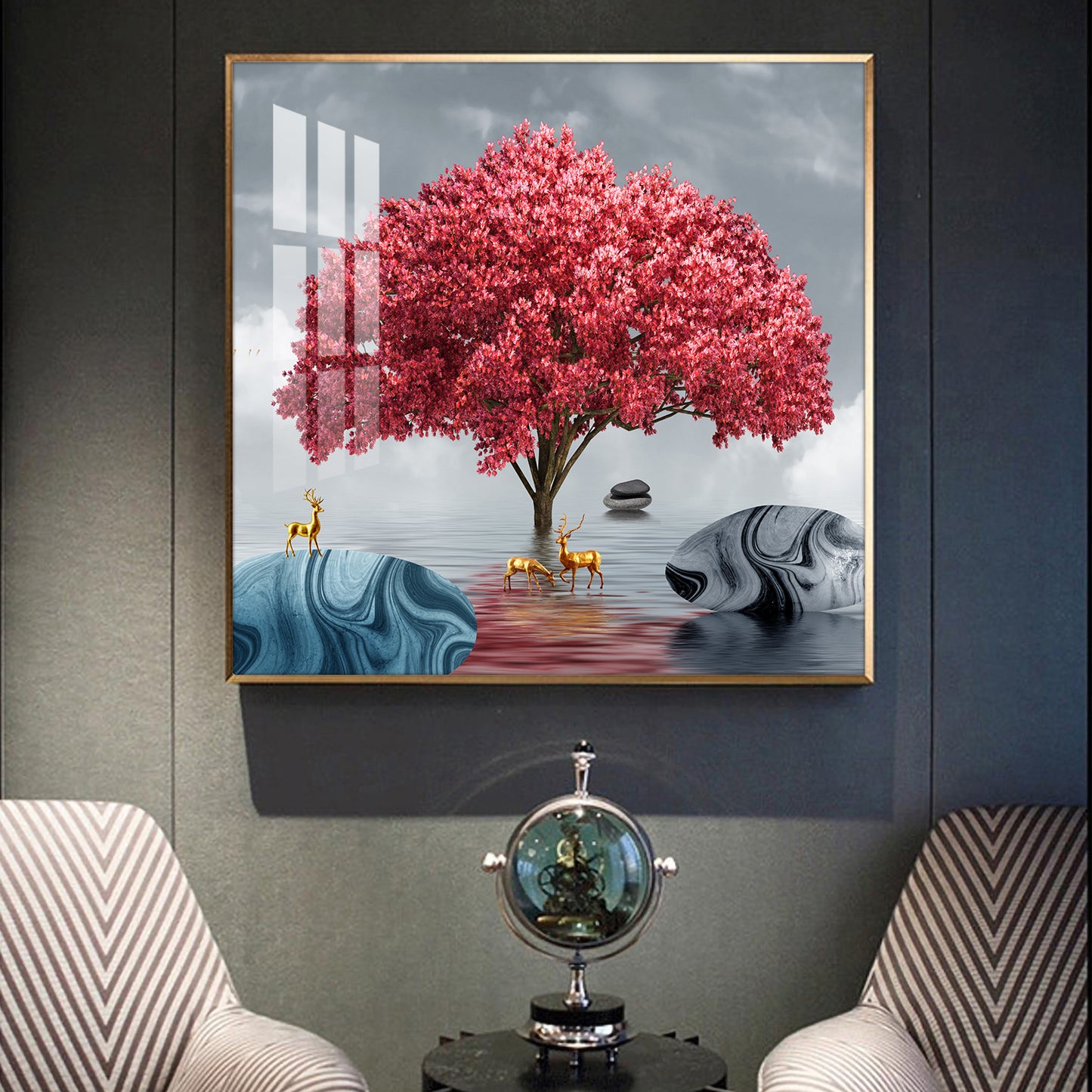 Rosy Bloom Tree Glass Finish Square Wall Art