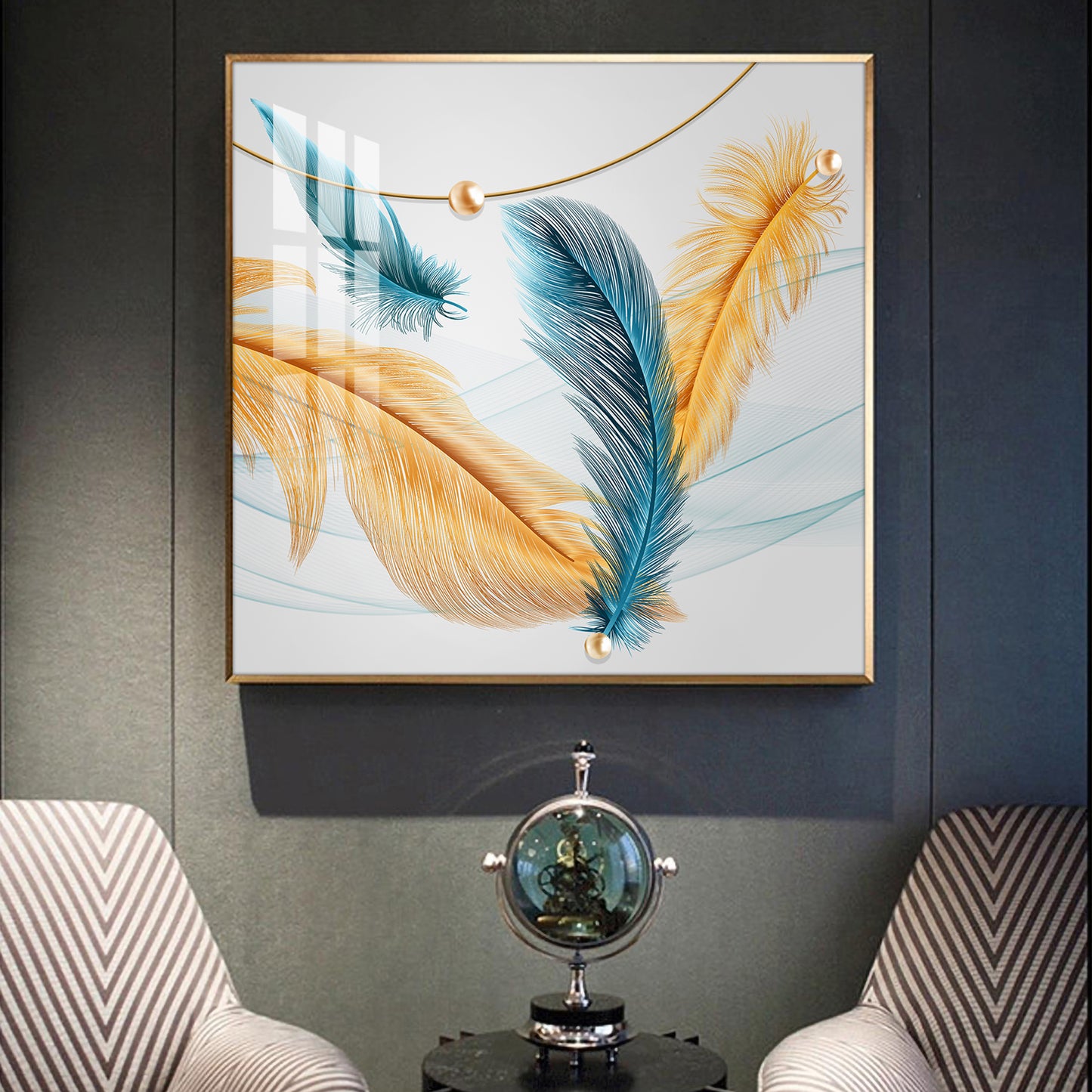 Radiant Blue and Yellow Plume Glass Finish Square Wall Art