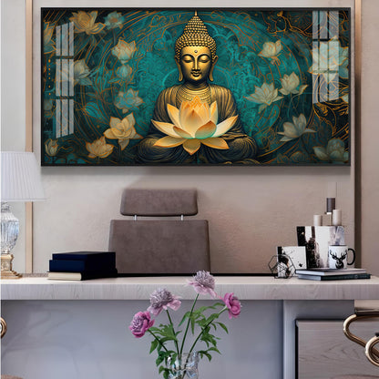 Golden Buddha With Lotus Glass Finish Horizontal Wall Art