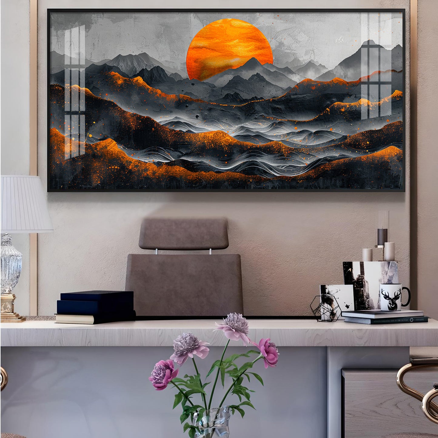 Sun Rise In Black Mountain Glass Finish Horizontal Wall Art