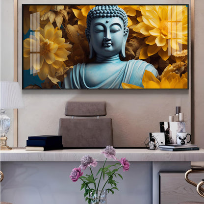 Majestic Buddha With Flower Glass Finish Horizontal Wall Art