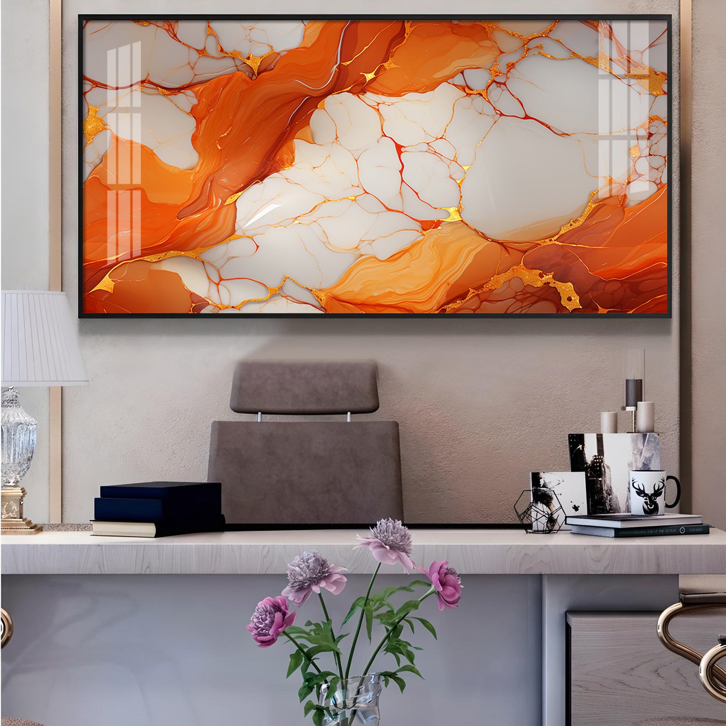 Marble Ink Orange Glass Finish Horizontal Wall Art