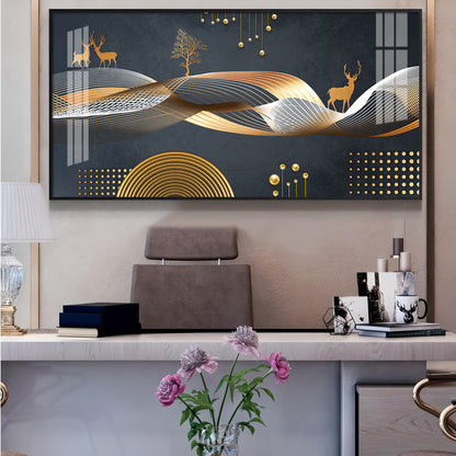 Night Landscape With Golden Deer Glass Finish Horizontal Wall Art