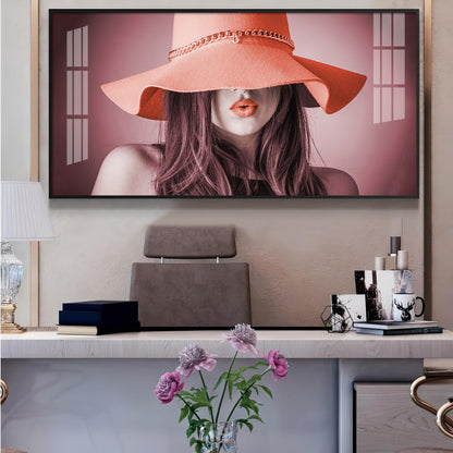 Modern Lady With Hat Glass Finish Horizontal Wall Art