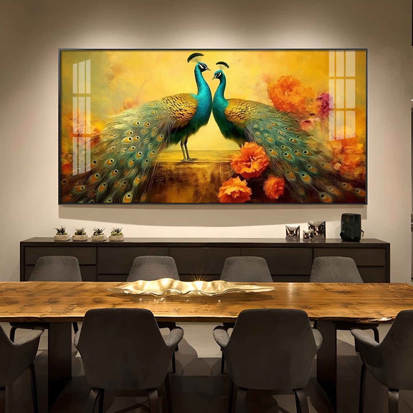 Peacocks With Flower Background Glass Finish Horizontal Wall Art