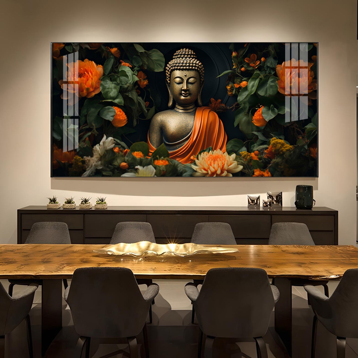 Luminous Buddha With Flower Glass Finish Horizontal Wall Art