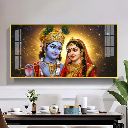 Sri Radhe Krishna Loving Charm Glass Finish Horizontal Wall Art