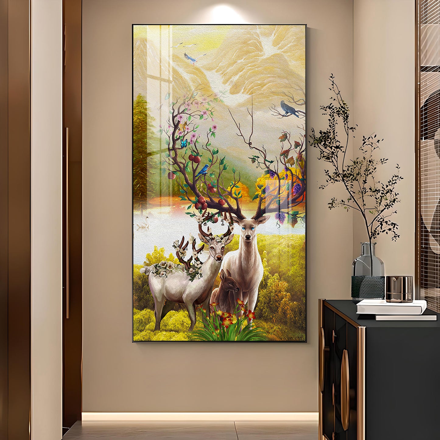 Portrait of Deer and Blossoms Glass Finish Vertical Wall Art