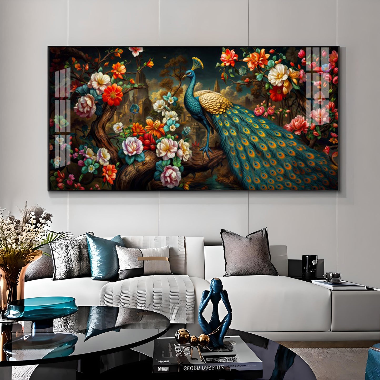 Peacock In Colorful Blossom Glass Finish Horizontal Wall Art