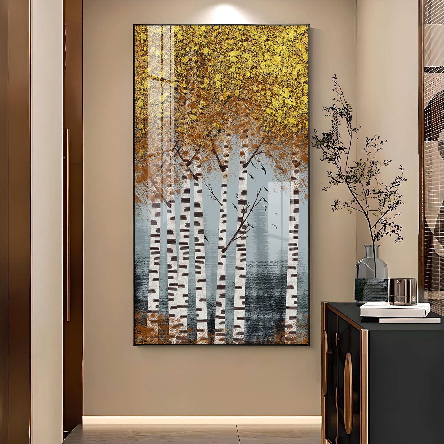 Autumnal Birch Reverie Glass Finish Vertical Wall Art