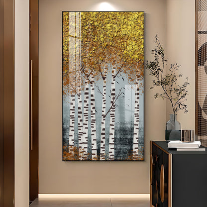 Autumnal Birch Reverie Glass Finish Vertical Wall Art