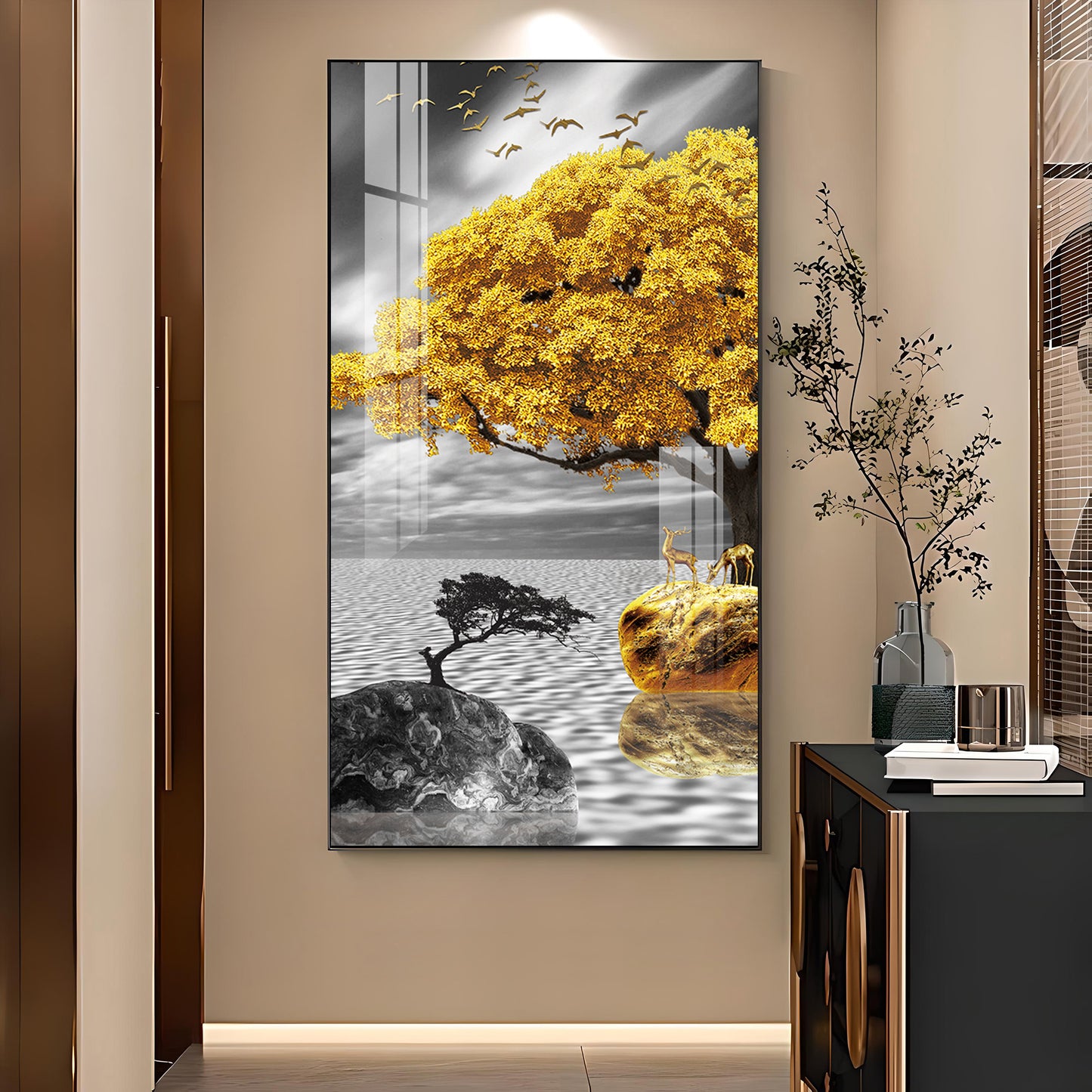 Golden Tree Oasis Glass Finish Vertical Wall Art