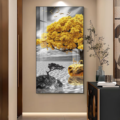 Golden Tree Oasis Glass Finish Vertical Wall Art