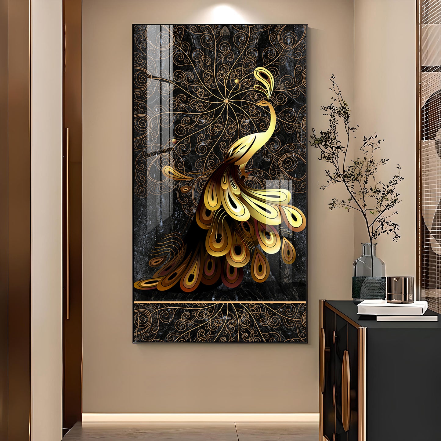 Golden Veil Peacock Glass Finish Vertical Wall Art