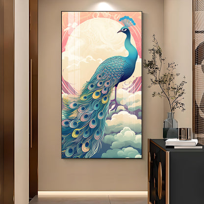 Heavenly Peacock Vista Glass Finish Vertical Wall Art