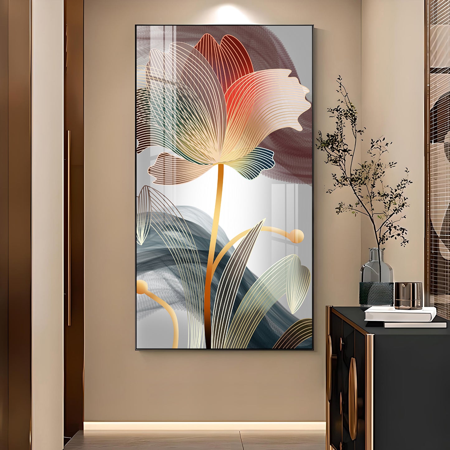 Floral Wave Glass Finish Vertical Wall Art