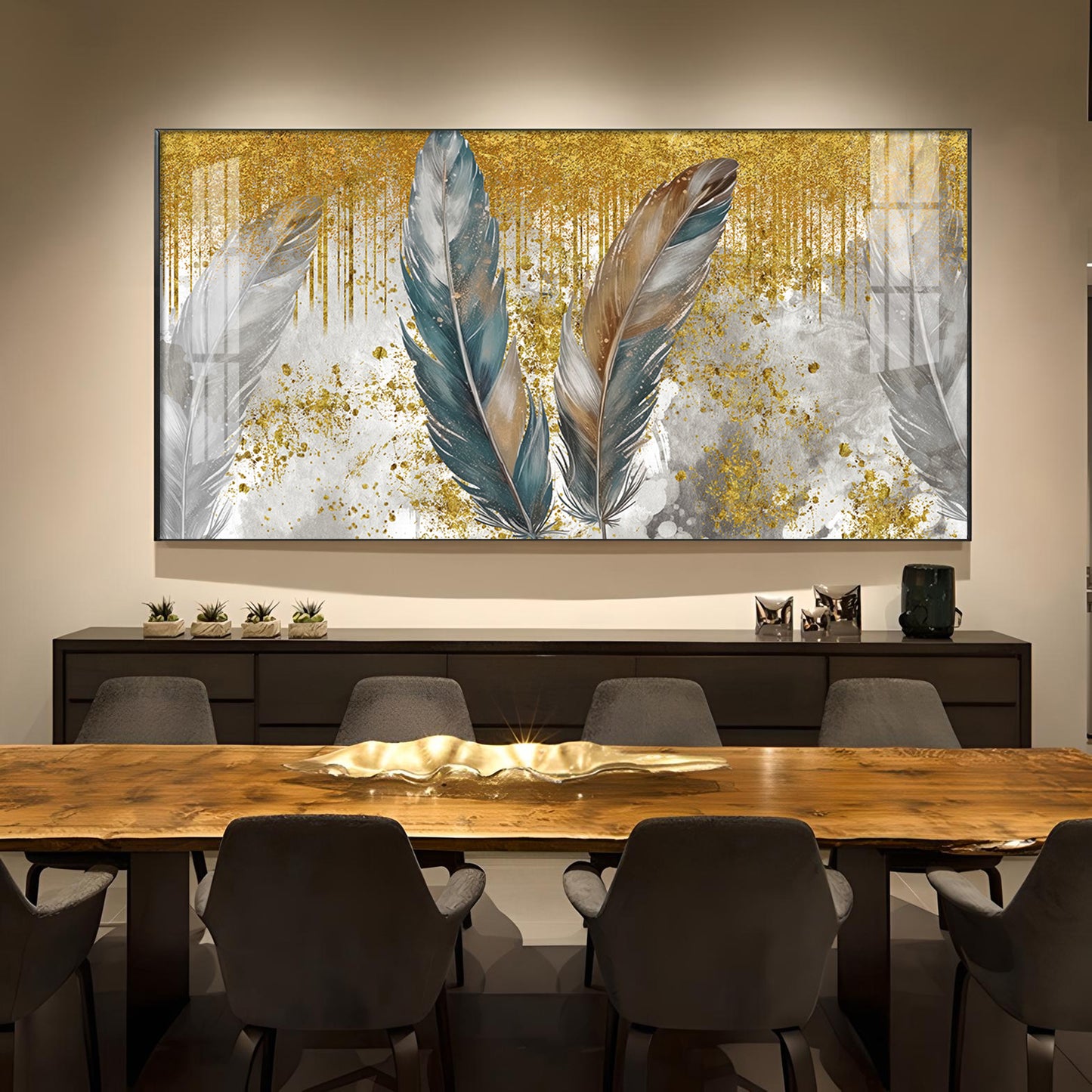 Feather Harmony Glass Finish Horizontal Wall Art