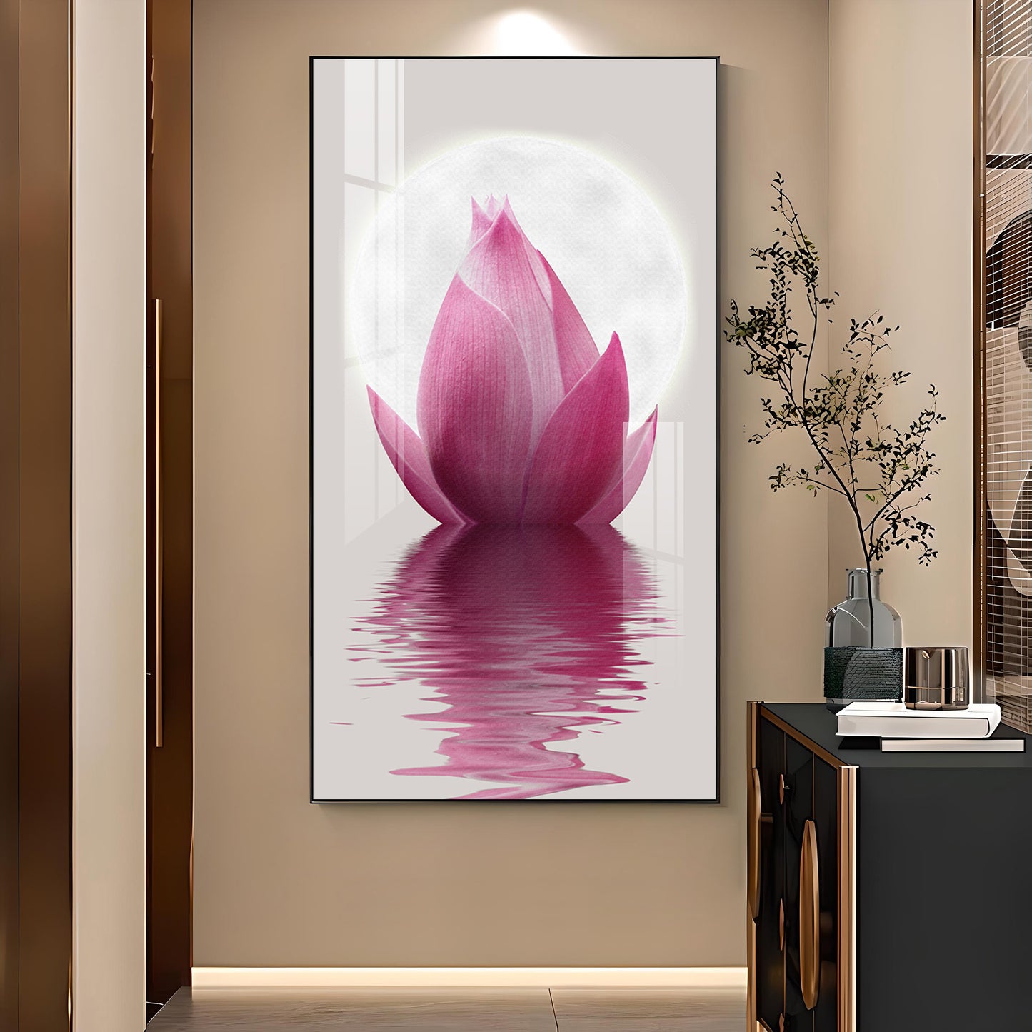 Lunar Lotus Glass Finish Vertical Wall Art