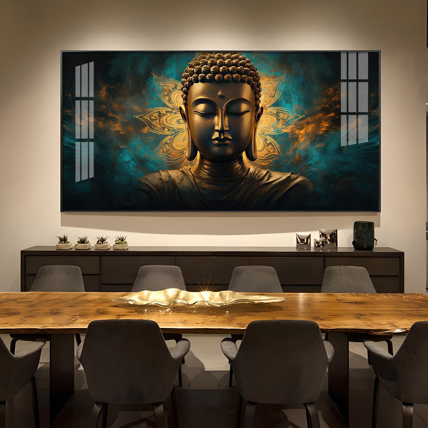 Lord Buddha Golden Glass Finish Horizontal Wall Art