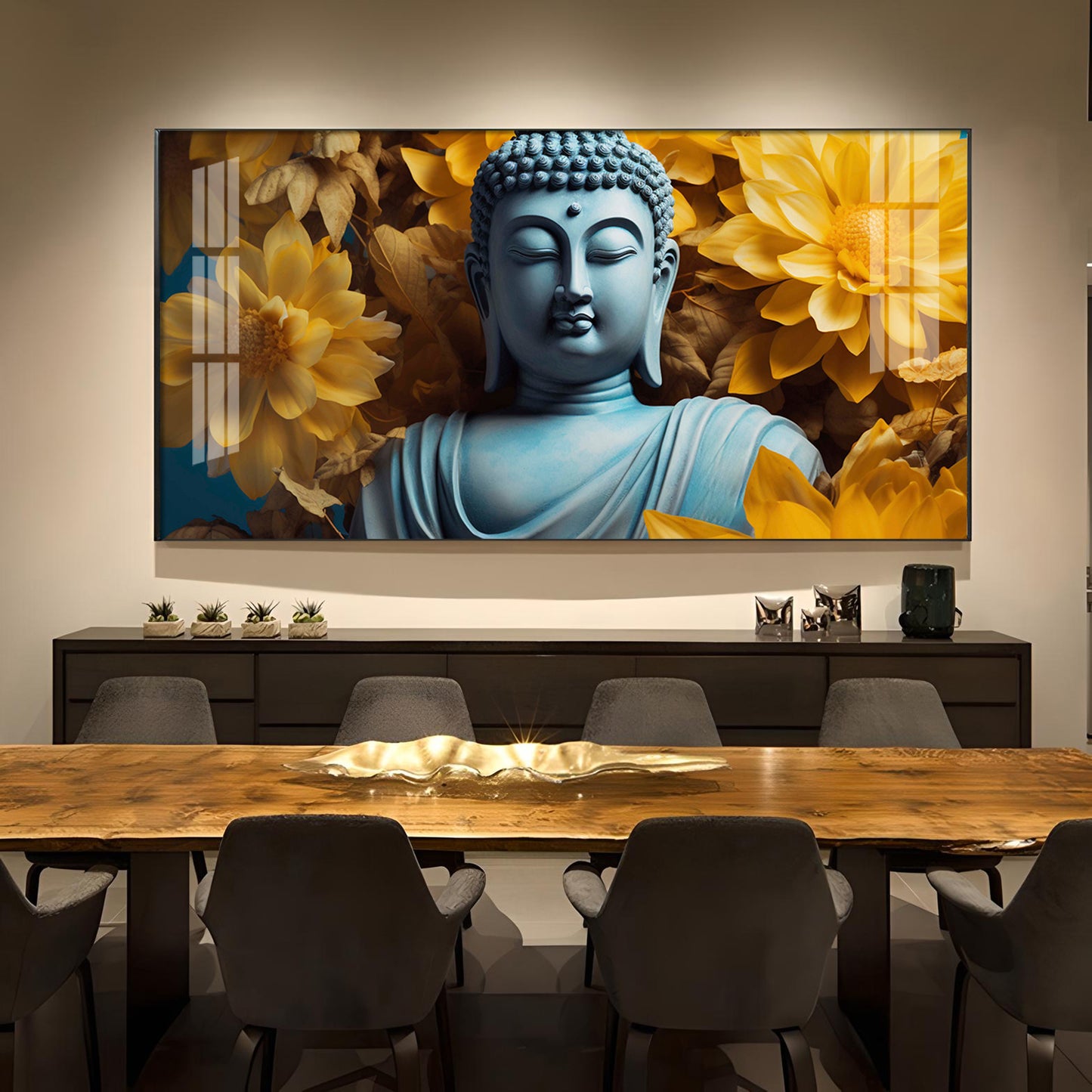 Majestic Buddha With Flower Glass Finish Horizontal Wall Art