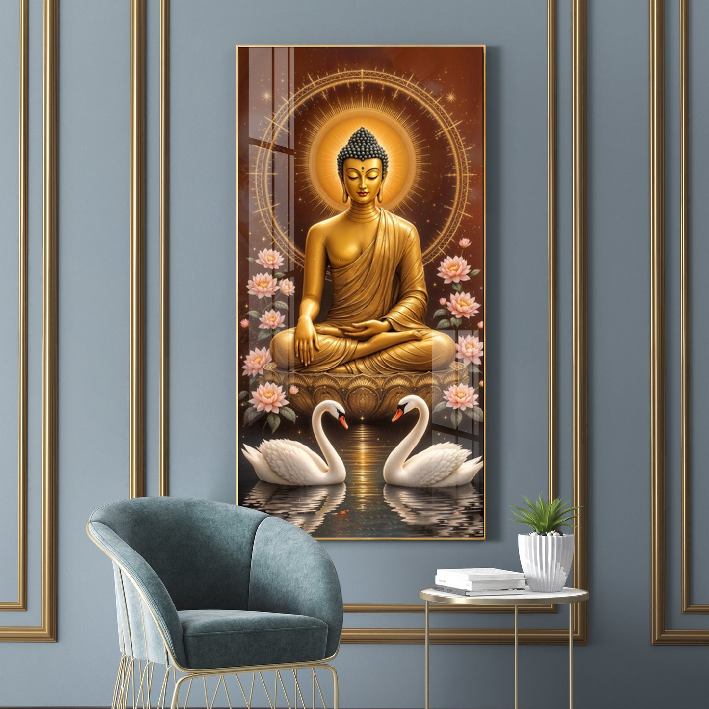 Meditating Budha With Swarn Glass Finish Vertical Wall Art