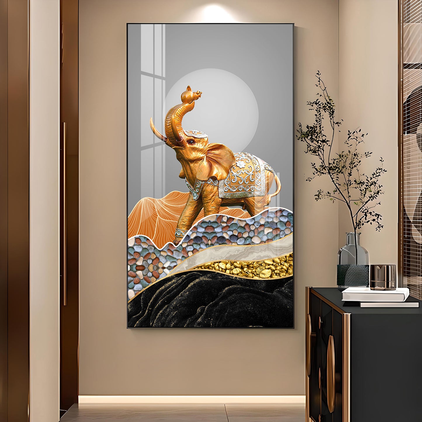 Gold and Silver Elephant Figurine Glass Finish Vertical Wall Art