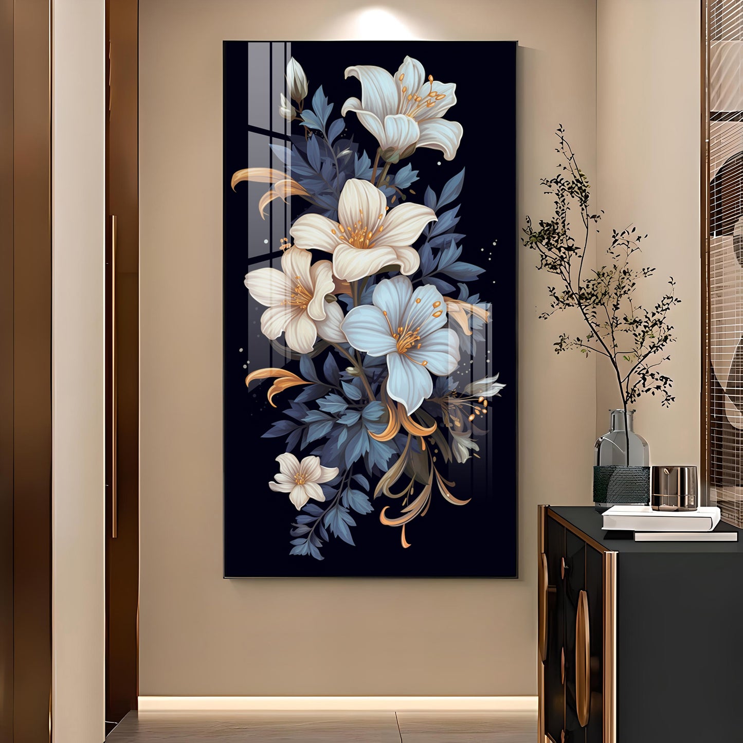 Obsidian Floral Glass Finish Vertical Wall Art