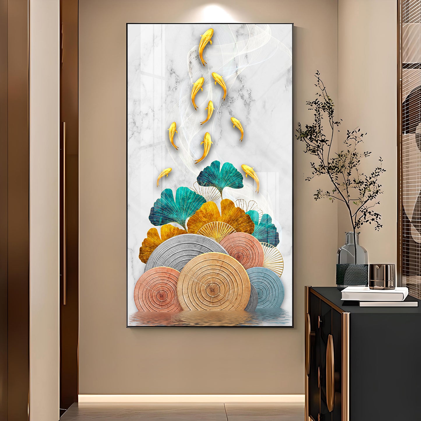 Floral Koi Bliss Artistry Glass Finish Vertical Wall Art