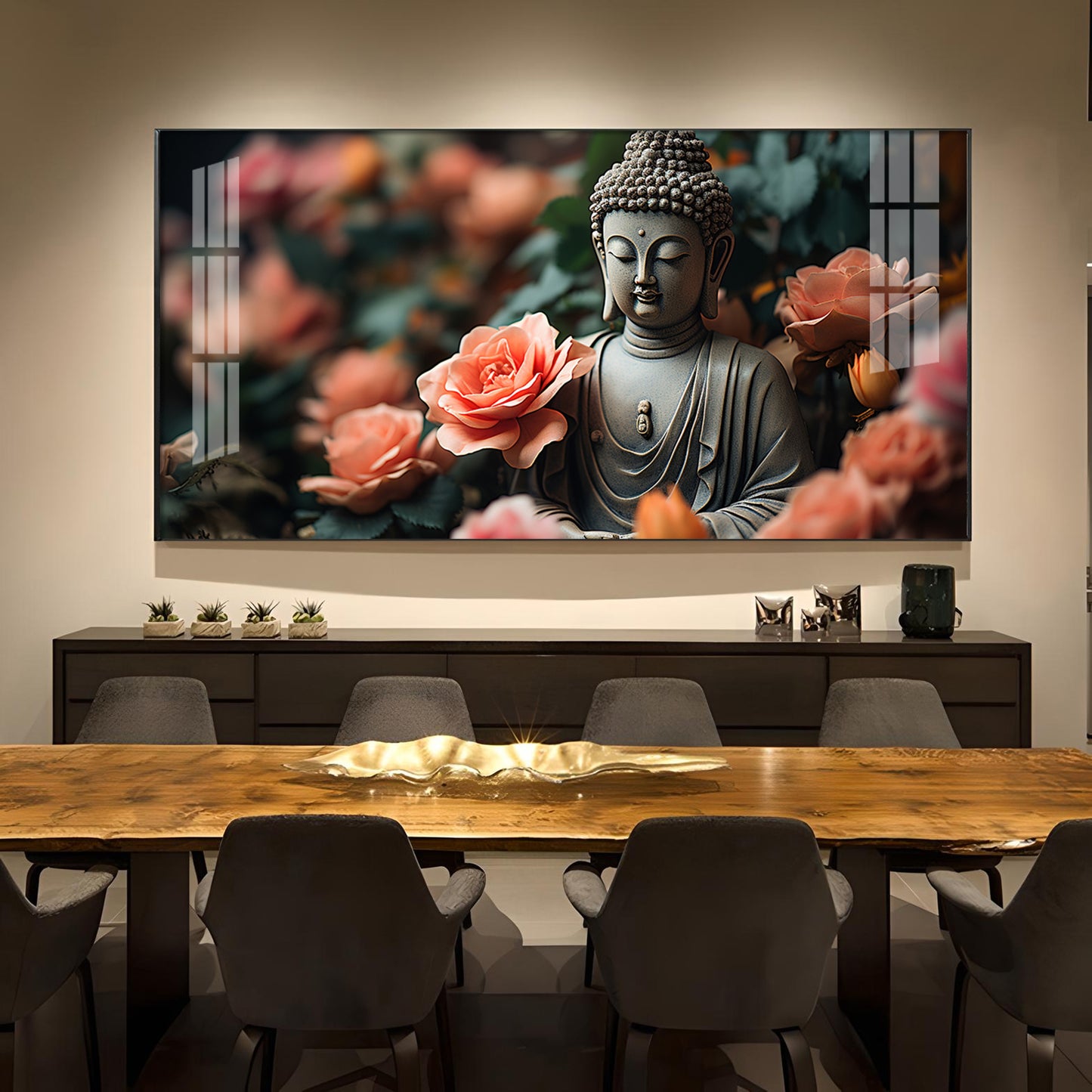 Calm Buddha With Flower Glass Finish Horizontal Wall Art