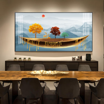 Golden Abstract Landscape Art Colored Line Tree Glass Finish Horizontal Wall Art