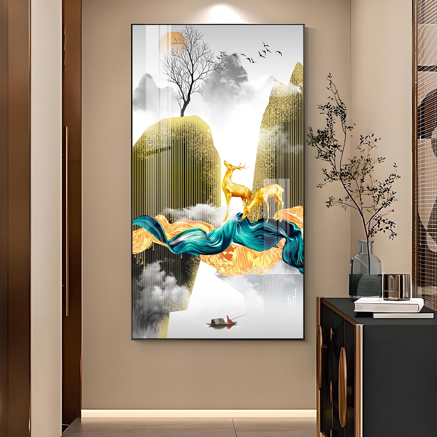 Deer In The Sky Glass Finish Vertical Wall Art